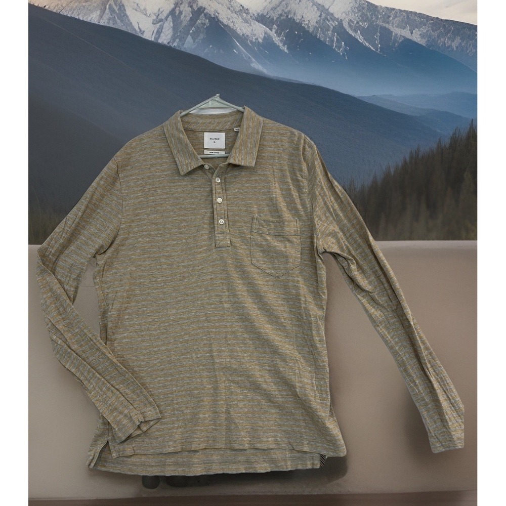 Billy Reid Polo Shirt Mens XL Gray Yellow Stripe Cotton & Cashmere Long Sleeve